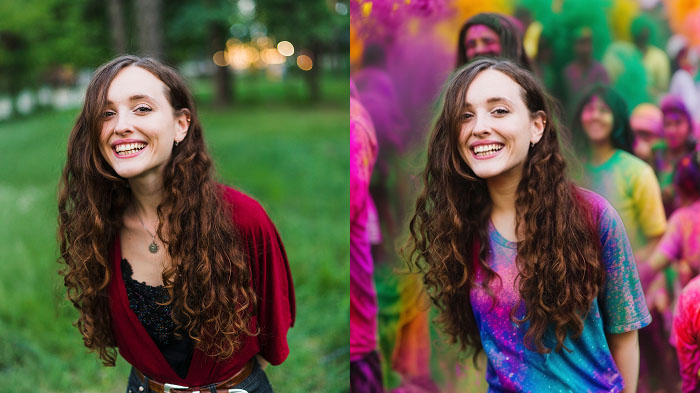 Before-and-after Holi photo—colors enhanced, background cleaned with LightX