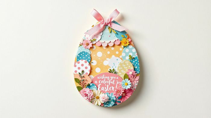 Easter egg collage made from torn, colorful scrapbook paper.