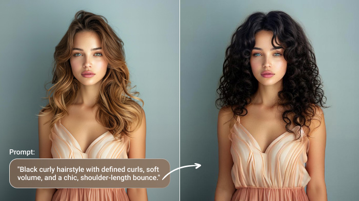 AI-generated comparison of two pictures of a woman showcasing different hairstyles through text prompts.