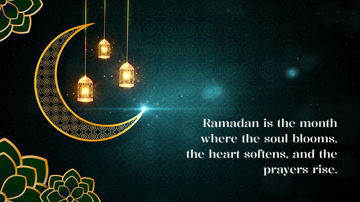 A blue and black Ramadan card featuring a wish and illustrations of lanterns, a crescent moon, and traditional design.
