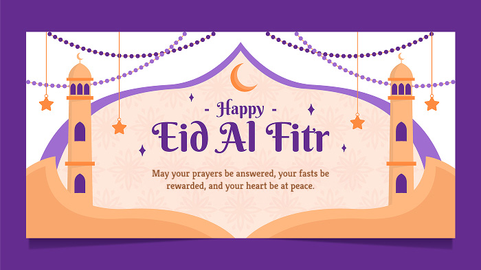 A purple Eid al-Fitr card featuring a wish and illustrations of stars, a crescent moon, and a mosque.