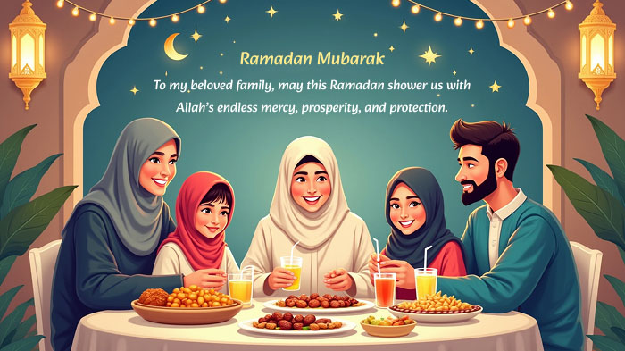 An illustration of a family celebrating Ramadan, featuring bright decoration and an extravagant feast.