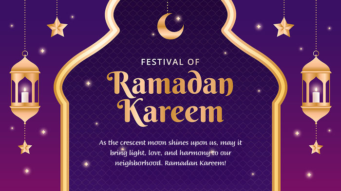 A purple Ramadan card featuring a wish and illustrations of lanterns, stars, and a crescent moon.