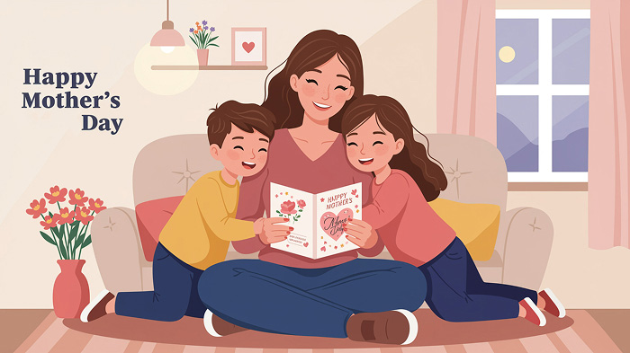  A loving mother with her two children, holding a heartfelt Mother's Day card together and sharing a special moment.