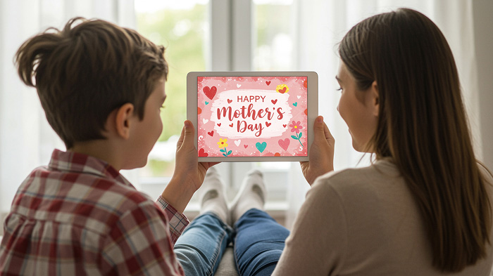 A child or adult holding up a phone or tablet with a completed digital Mother's Day card, showing a heartfelt message.