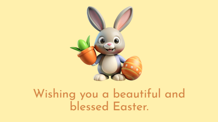 A picture featuring an Easter bunny illustration holding an Easter egg and a plant, along with an Easter wish.