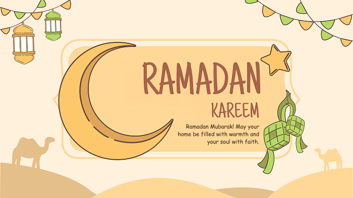 A Ramadan card featuring a wish and illustrations of lanterns, stars, camels, and a crescent moon