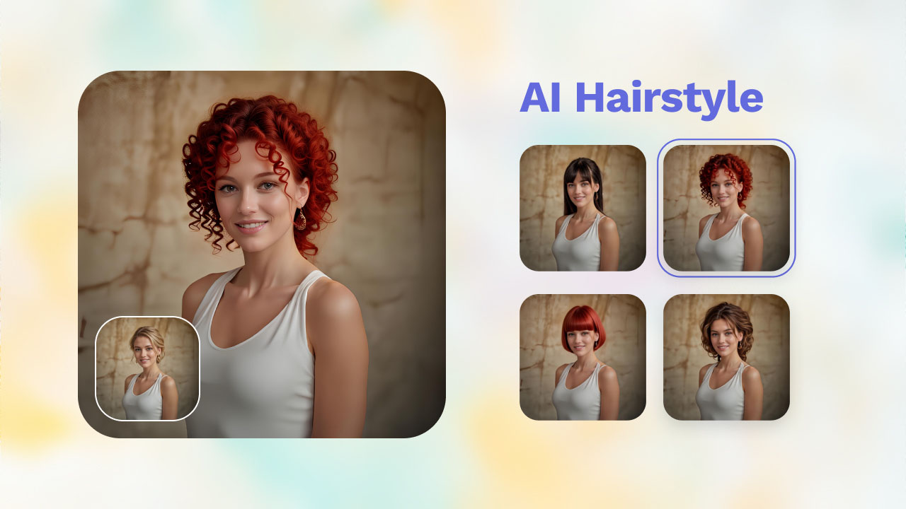 A collage of different AI-generated hairstyles, including blonde, curly red, straight black, and more on a woman.