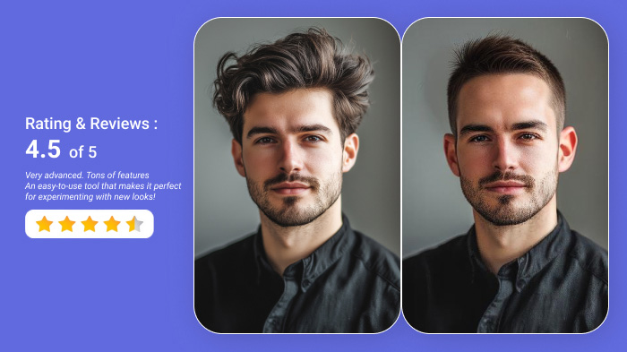 An image showing a hairstyle transformation on a man, using an AI tool, along with its rating and review.