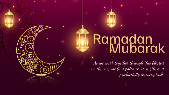 A brown Ramadan card featuring a wish and illustrations of lanterns, glitters, and a crescent moon with traditional motifs.