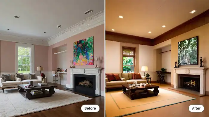 AI applied different lighting scenarios to a house interior showcasing how the space looks in daylight evening and ambient setups.