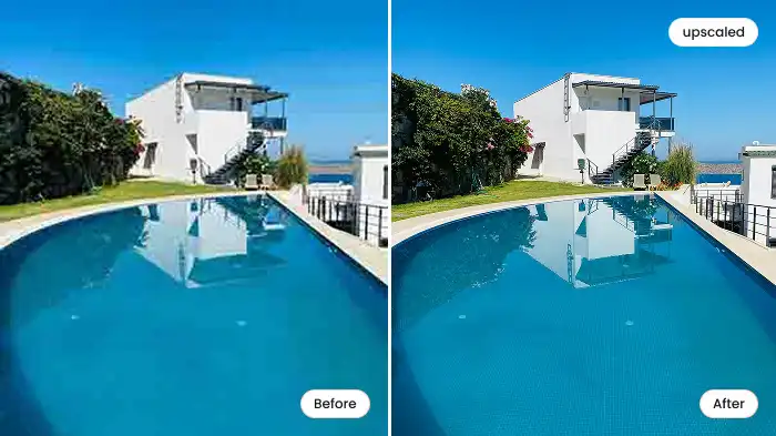 AI upscaled the resolution of a house photo improving clarity and detail for high-quality marketing and print material.