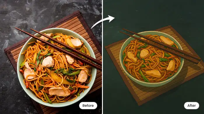 A before and after collage of noodles photo and its transformation in the Ghibli style respectively.