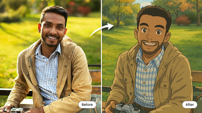 A before and after collage of a boy’s photo and his transformation in the Ghibli style respectively.