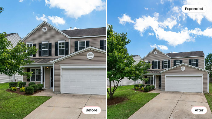 AI expanded a cropped photo of a house to recover missing space and show the full structure without reshooting.