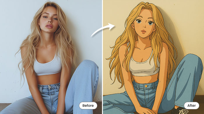 A before and after collage of a girl’s portrait and her transformation in the Ghibli style respectively.