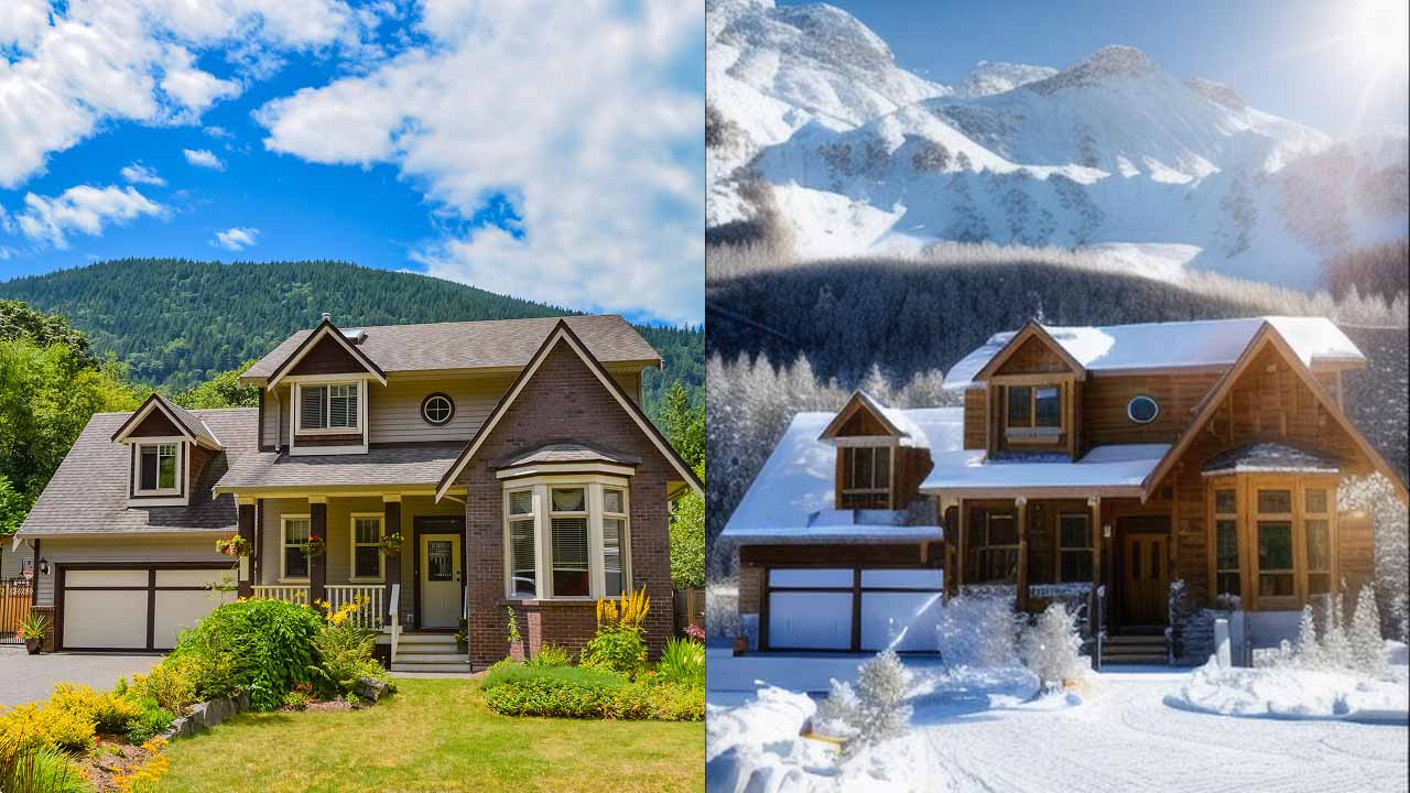 before and after image showing AI used to change the season of a house from winter to spring enhancing curb appeal and greenery.