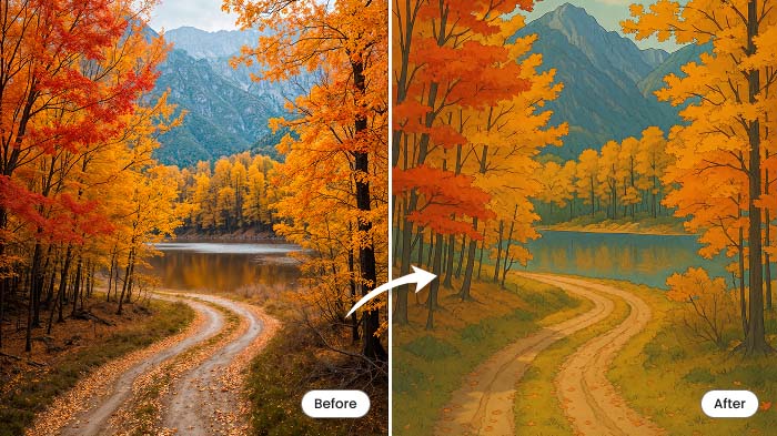 A before and after collage of a landscape and its transformation in the Ghibli style respectively.