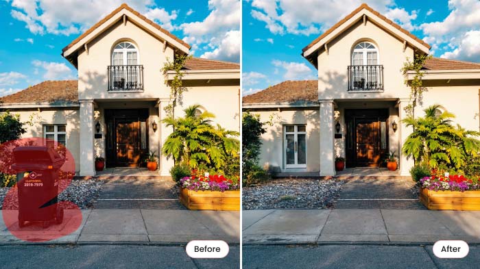 AI removed a trash can in front of a house using image editing tools to create a cleaner and more professional listing photo.