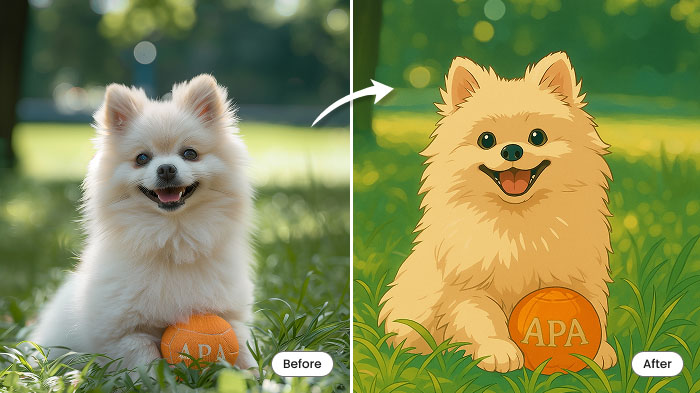 A before and after collage of a dog photo and its transformation in the Ghibli style respectively.