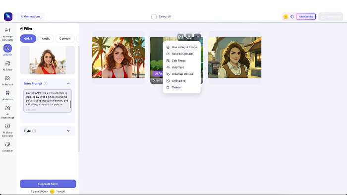 A screenshot of entering a text prompt to apply the custom Ghibli filter on the photo in LightX. 