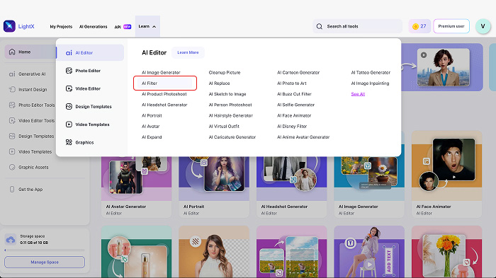 A screenshot of LightX’s home page showing the AI Filter tool. 