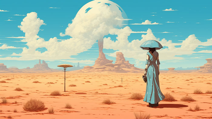 A Ghibli aesthetic photo of a woman standing in a deserted area with unique structures. 