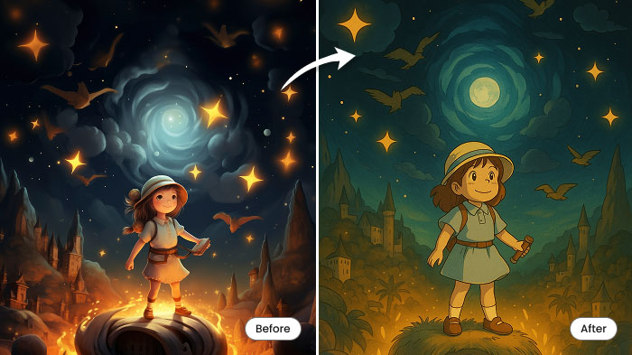 A before and after collage of a fantasy girl and her transformation in the Ghibli style respectively.