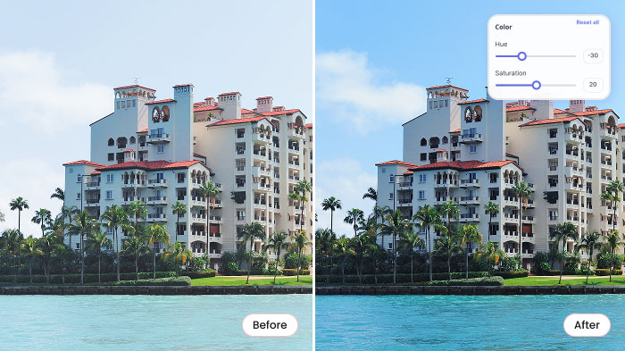 sky and water around a condo enhanced to a vibrant blue using AI in real estate to make the scene more visually striking.