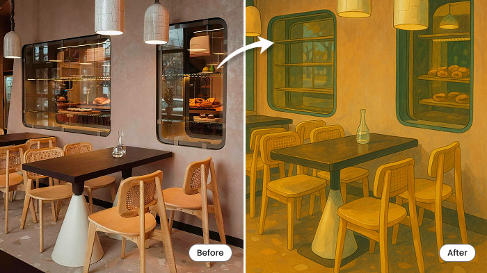 A before and after collage of a cafe’s photo and its transformation in the Ghibli style respectively.