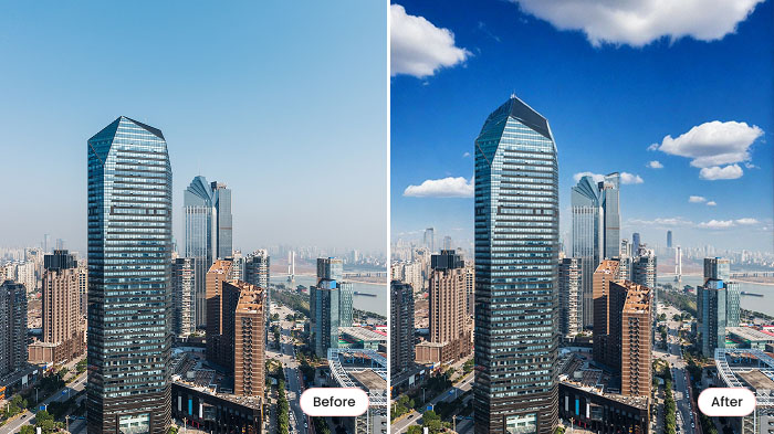 AI changed the sky by adding clouds and adjusting tone to create a more appealing and balanced real estate image.