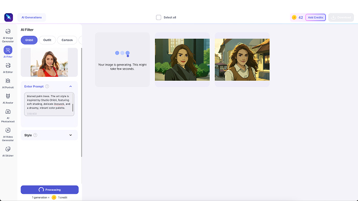 A screenshot of entering a text prompt to apply the custom Ghibli filter on the photo in LightX. 