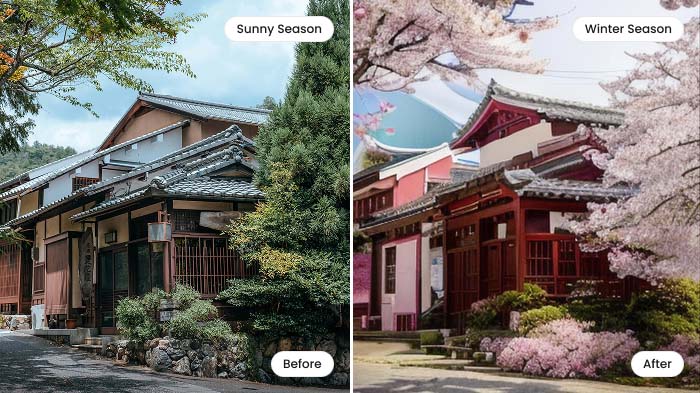 AI changed the season of a Japanese residence showing both summer greenery and cherry blossom spring to appeal to emotional buyers.