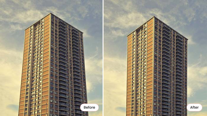 building perspective corrected using AI tools making a tilted structure appear straight and well-aligned for accurate presentation.