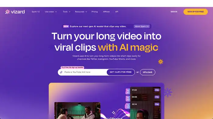 A screenshot of the homepage of Vizard