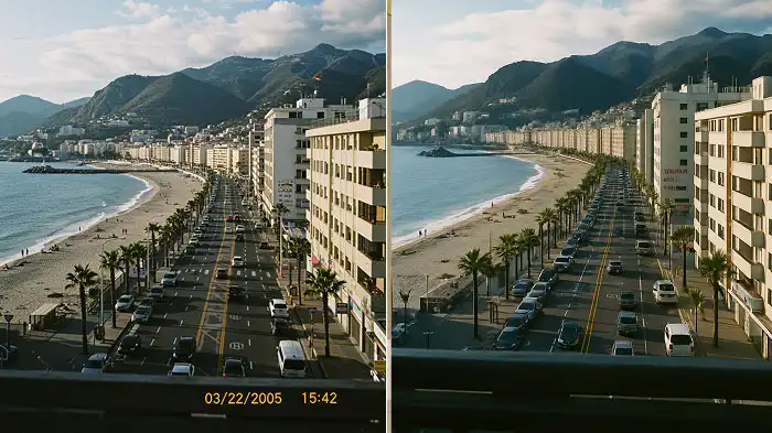 A collage of a city view picture. Left with a timestamp and datestamp and right with both removed.
