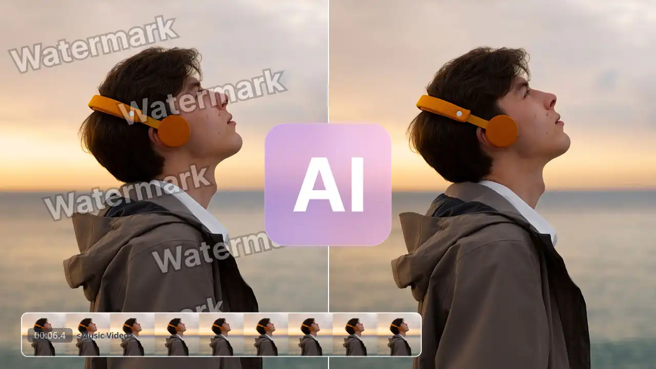 Split video frame: left with watermark, right clean. AI icon in the center. Text: 'Remove Watermarks with AI.' Video timeline in the background.