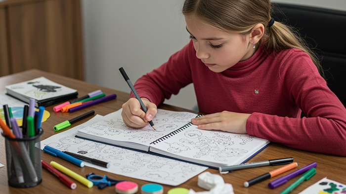  A young girl sits at a desk, deeply engrossed in doodling a sketchbook filled with whimsical and creative drawings, surrounded by pens, markers, and art supplies.