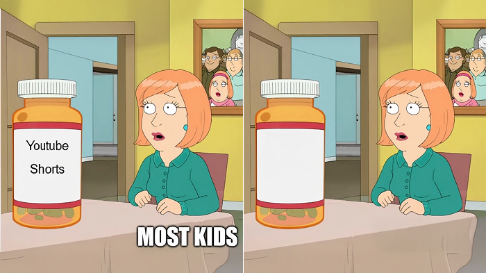 A collage of a meme featuring a woman, a jar, and an indoor setting. Left with text on a jar and right with text removed.