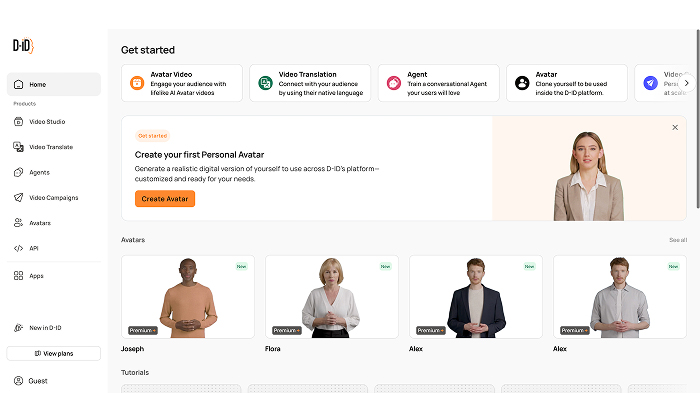 A screenshot of the homepage of D-ID Studio.