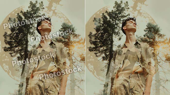 A collage of a photo of a man. Left with a watermark and right with watermark removed.
