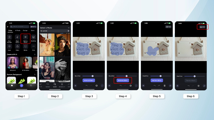 A collage of the steps of removing text from image with AI using the LightX iOS app. 