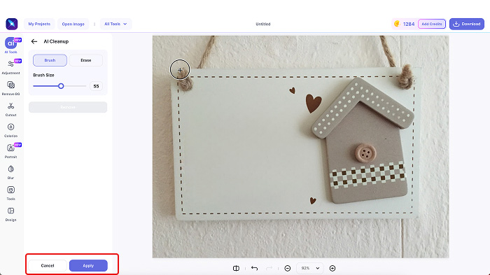 A screenshot of LightX’s Cleanup Picture tool with text removed from the image and the Apply button selected. 