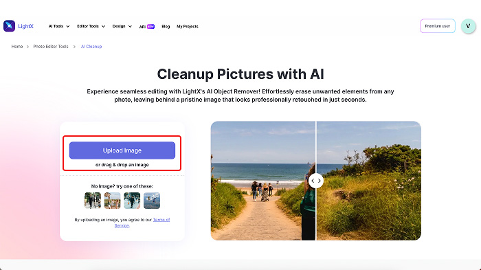 A screenshot of LightX’s Cleanup Picture webpage with the Upload Image button selected.