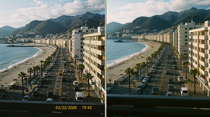 A collage of a city view picture. Left with a timestamp and datestamp and right with both removed.