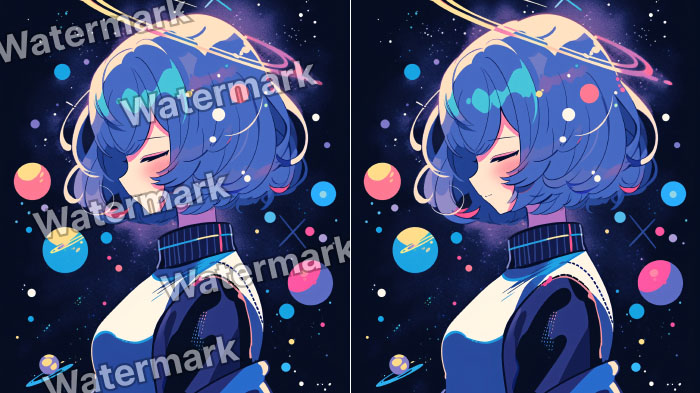 AI generated Photo with a watermark on one side and a clean version on the other.