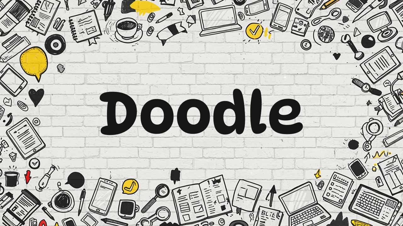 A black and white sketch-style doodle banner featuring creative icons, abstract shapes, and hand-drawn elements, perfect for an artistic blog header.