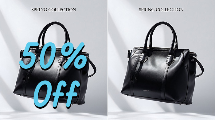  A collage of a photo of a bag with an offer. The left shows the offer, while the right has the offer text removed with AI.
