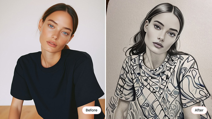 Here is the Before & After image of a girl, where the left side shows the regular image and the right side is converted into a sketch using AI