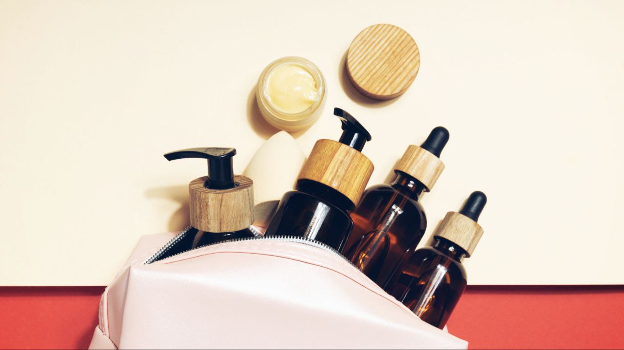 A group shot of skincare products set in a vanity pack